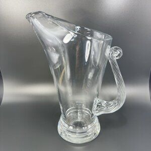Vintage Clear Glass Crystal Pitcher Jug With Swirl Handle Made In Poland Glass